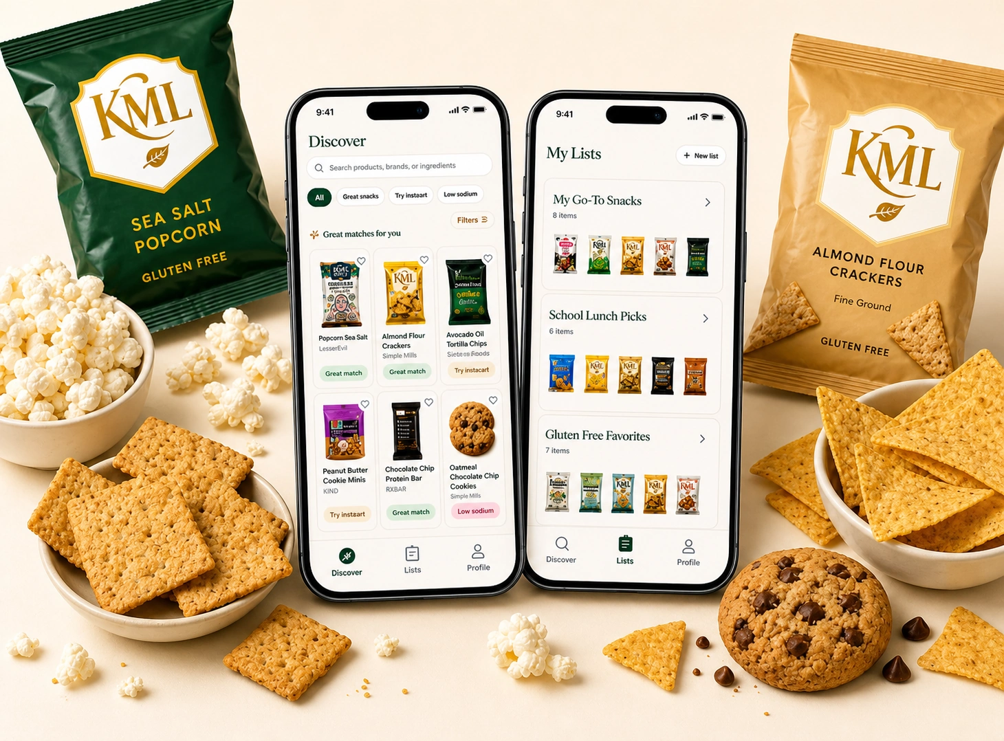 Know My Label app screens showing product discovery and saved snack lists