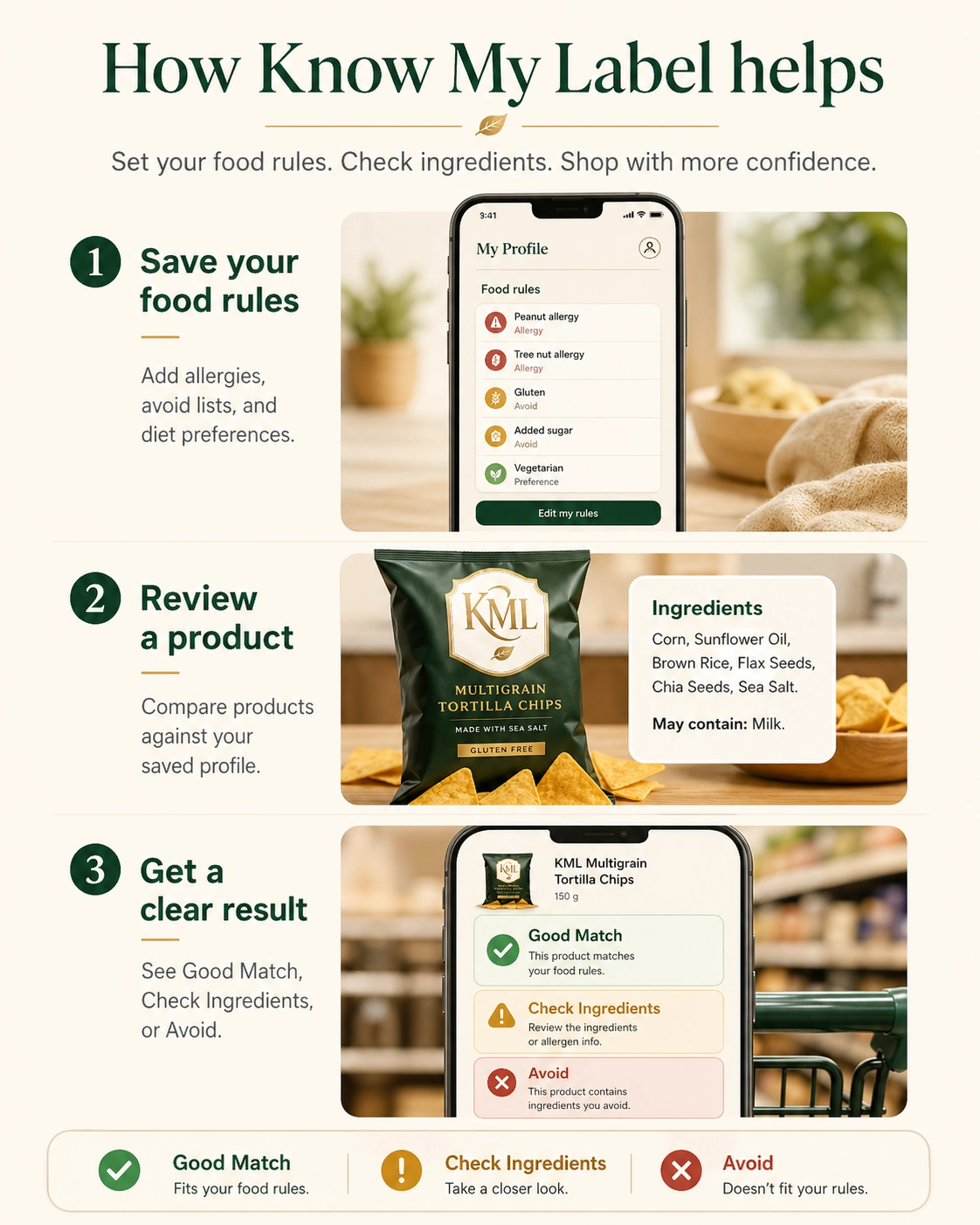 Infographic showing how Know My Label helps users save food rules, check ingredients, and shop with clearer guidance